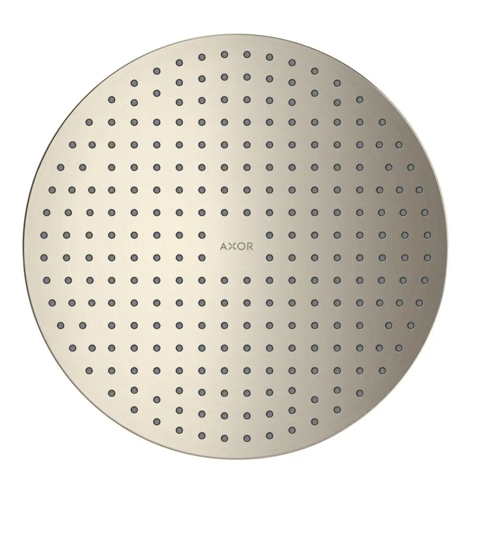 Kreisförmige Kopfbrause mit gleichmäßig verteilten Düsen in brushed Nickel, markiert mit dem Logo von AXOR, für Deckenmontage geeignet.